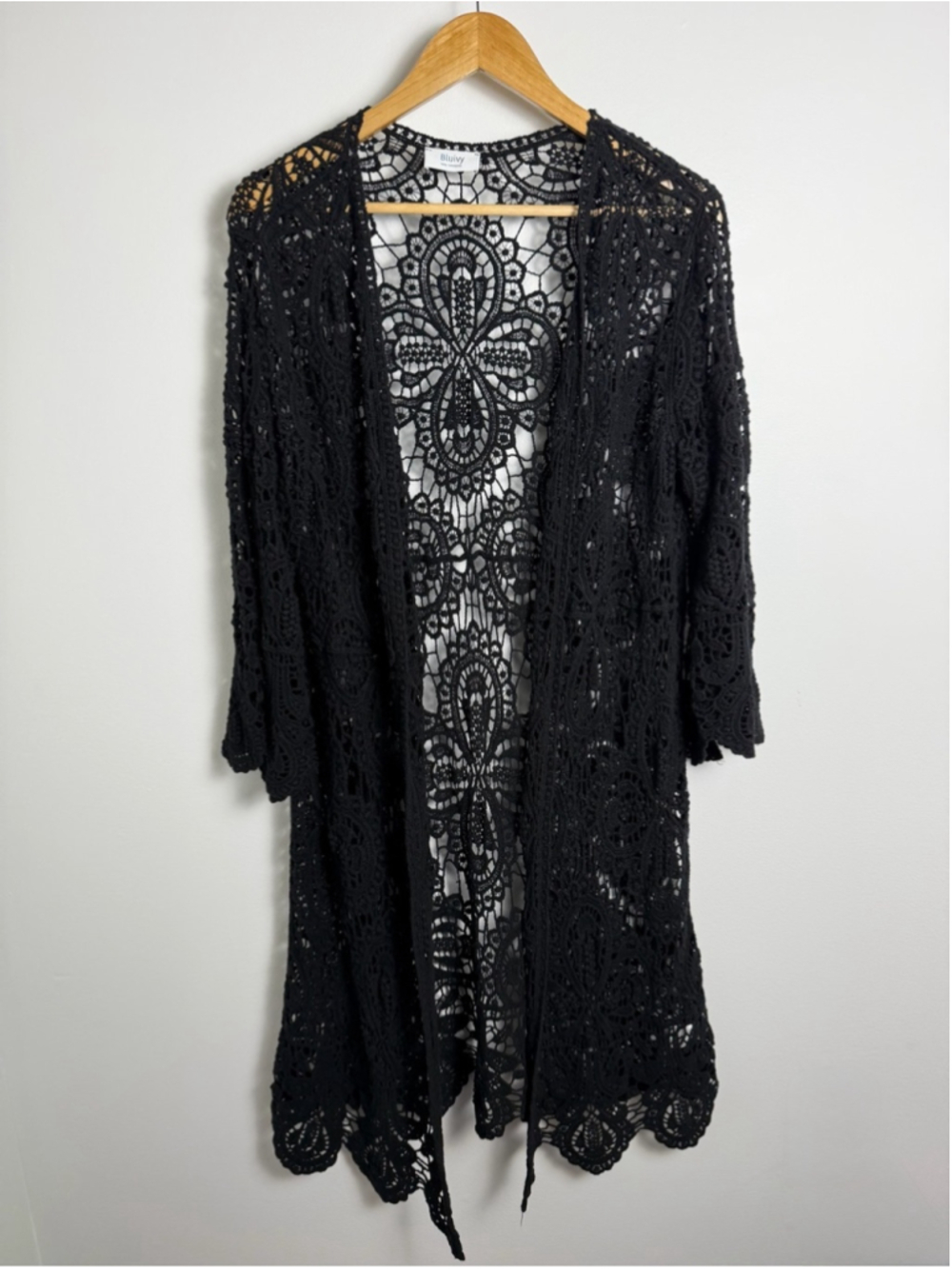 Bluivy Black Crochet Lace Longline Duster Kimono Boho L